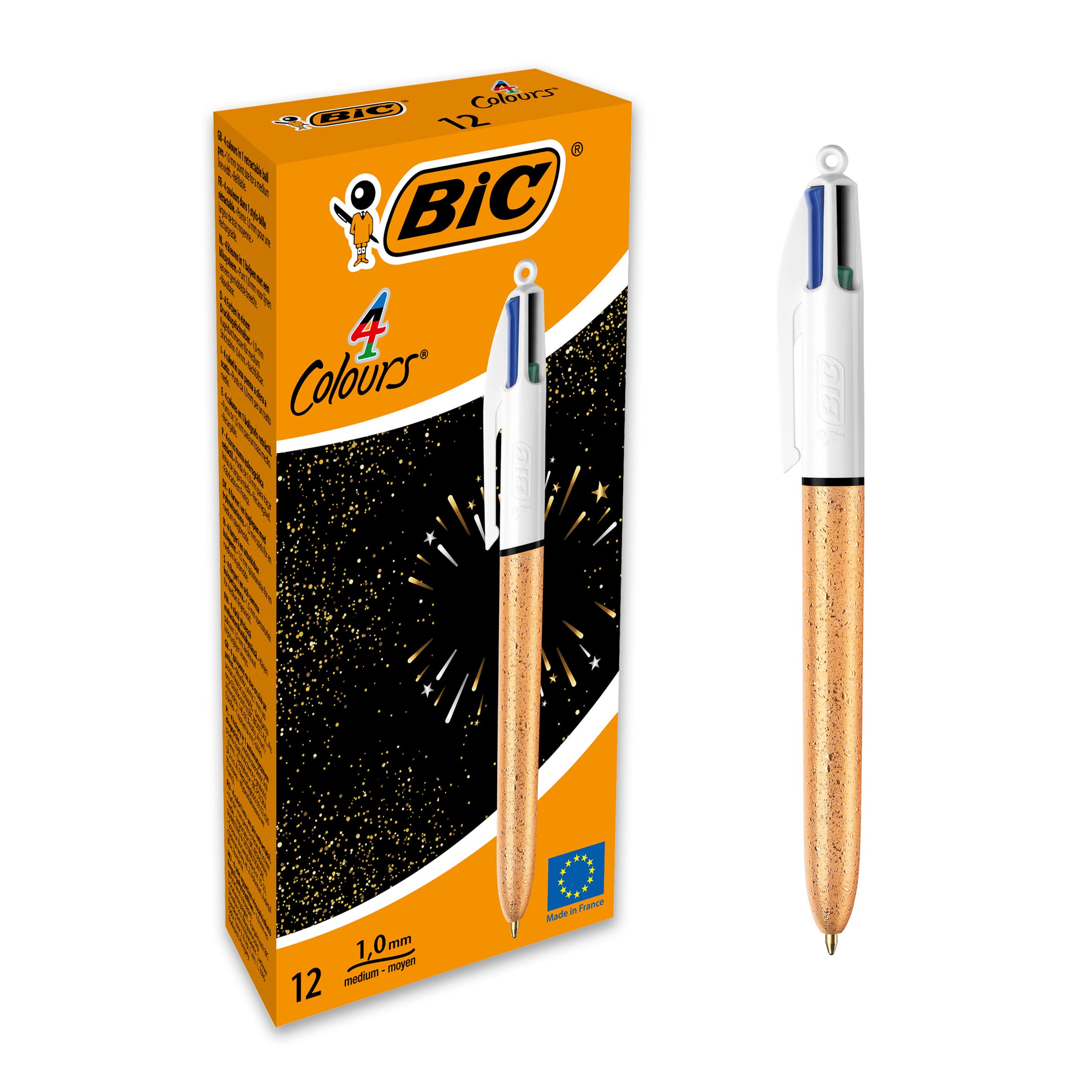 BIC 4 Colours Medium Point Ballpoint Pens (1 mm) - Frosted Gold Textured Body, Blue, Green, Red, Black, Box of 12