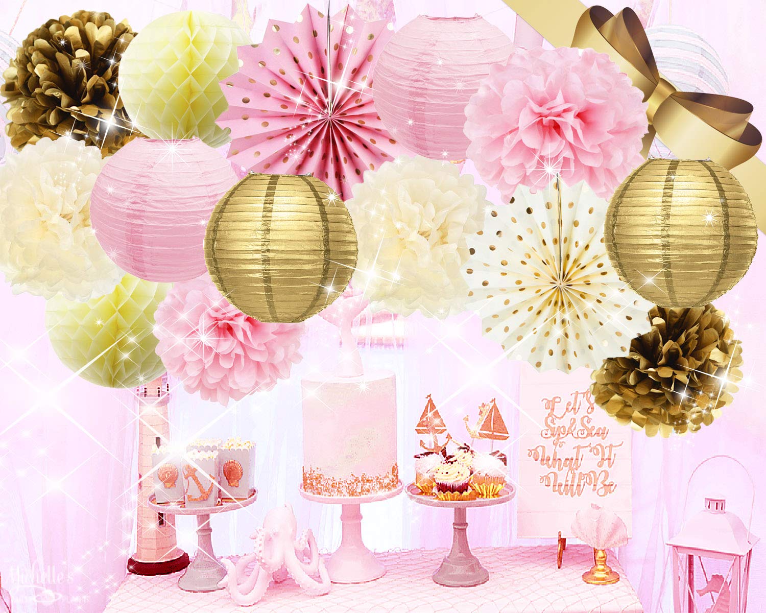 Amazoncom Pink Gold Baby Shower Decorations Polka Dot Paper Fan