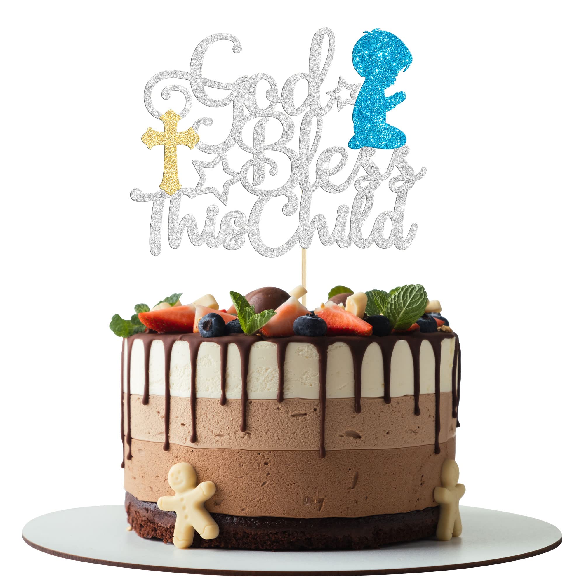 Gyufise 1Pc God Bless This Child Cake Topper Baptism Decoration Silver Glitter First Communion God Bless Boy Cake Decorations for Baptism Baby Shower Birthday Christmas Party Decorations Supplies