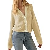 Women Button V Neck Cardigan Sweater Contrast Knit Lightweight Long Sleeve Open Front Cropped Cardigans