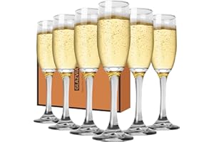 GLAZVIA Champagne Flutes Glasses Set of 6-6oz Elegant Crystal Glass, Classic Long Stem Clear Champagne Flute Gift for Wedding