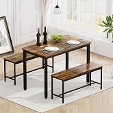 Rovibek Dining Room Table Chairs Set for 4, Modern Space Saving Kitchen Table with 2 Benches &amp; Adjustable Feet Breakfast Table, Wooden Industrial Style Farmhouse, 43", Brown