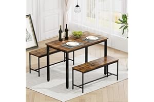 Rovibek 43" Dining Room Table Chairs Set for 4, Modern Space Saving Kitchen Table with 2 Benches & Adjustable Feet Breakfast Table, Wooden Industrial Style Farmhouse, Brown