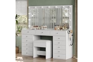 Yanosaku 55'' Vanity Desk, Makeup Vanity with Charging Station, 13 Drawers with Lighted Mirror, 3 Lighting Modes, Brightness Adjustable, Glass Top, Vanity Table with Chair for Bedroom, White