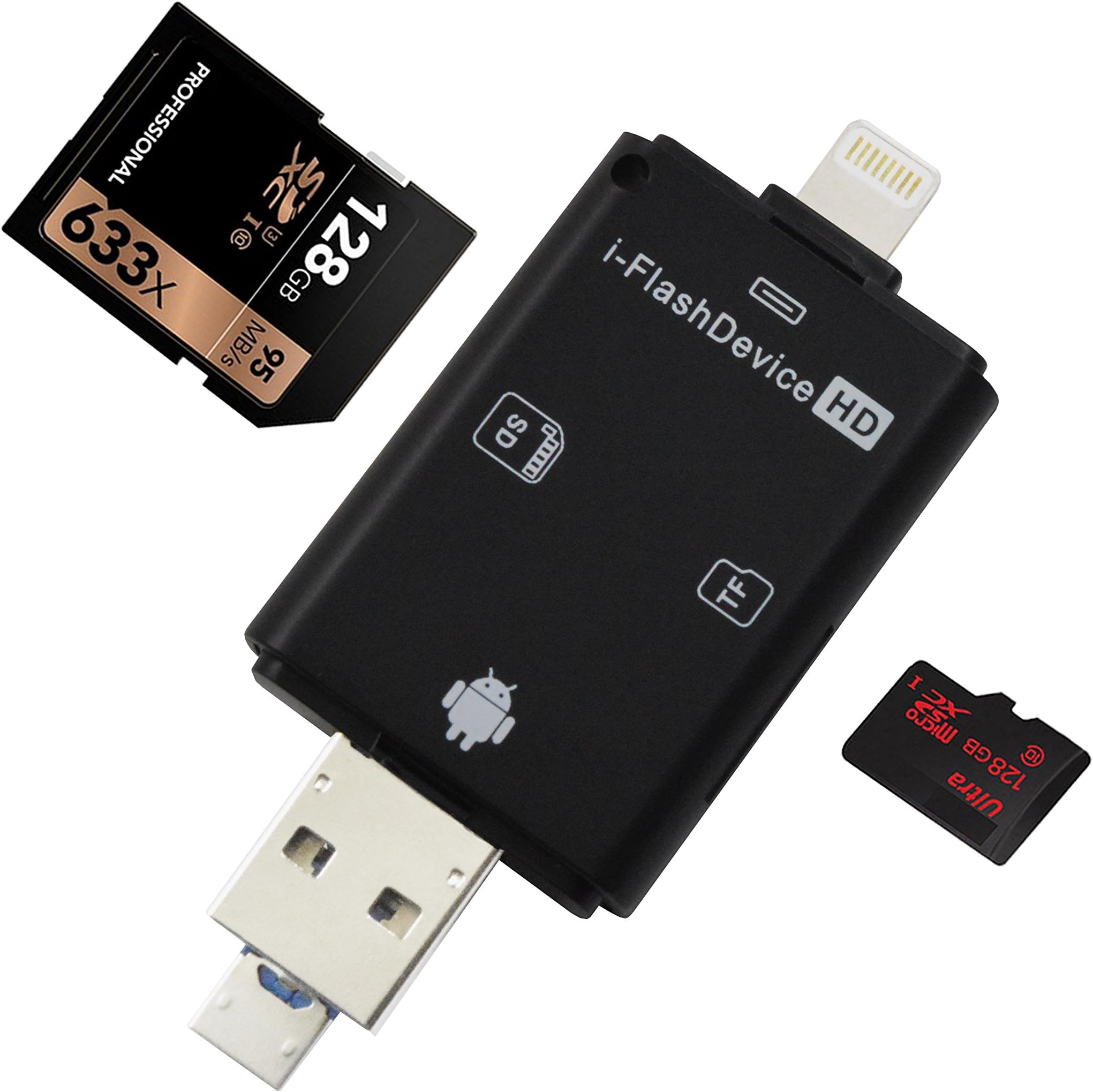 YiKaiEn 3 in 1 SDHC SDXC Micro SD Card Reader USB Adapter with Lightning Connector External Storage Memory Expansion for iPhone/iPad/Android Phones/Mac/PC (Black)