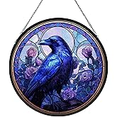 Crow Stained Glass Window Hanging, Raven Suncatcher Diamond Glass Panel Hangings, Sun Catchers Indoor Windows Wall Art, Gift for Birds Lover, Christmas Decor for Home Garden Office Purple 7.87 inches