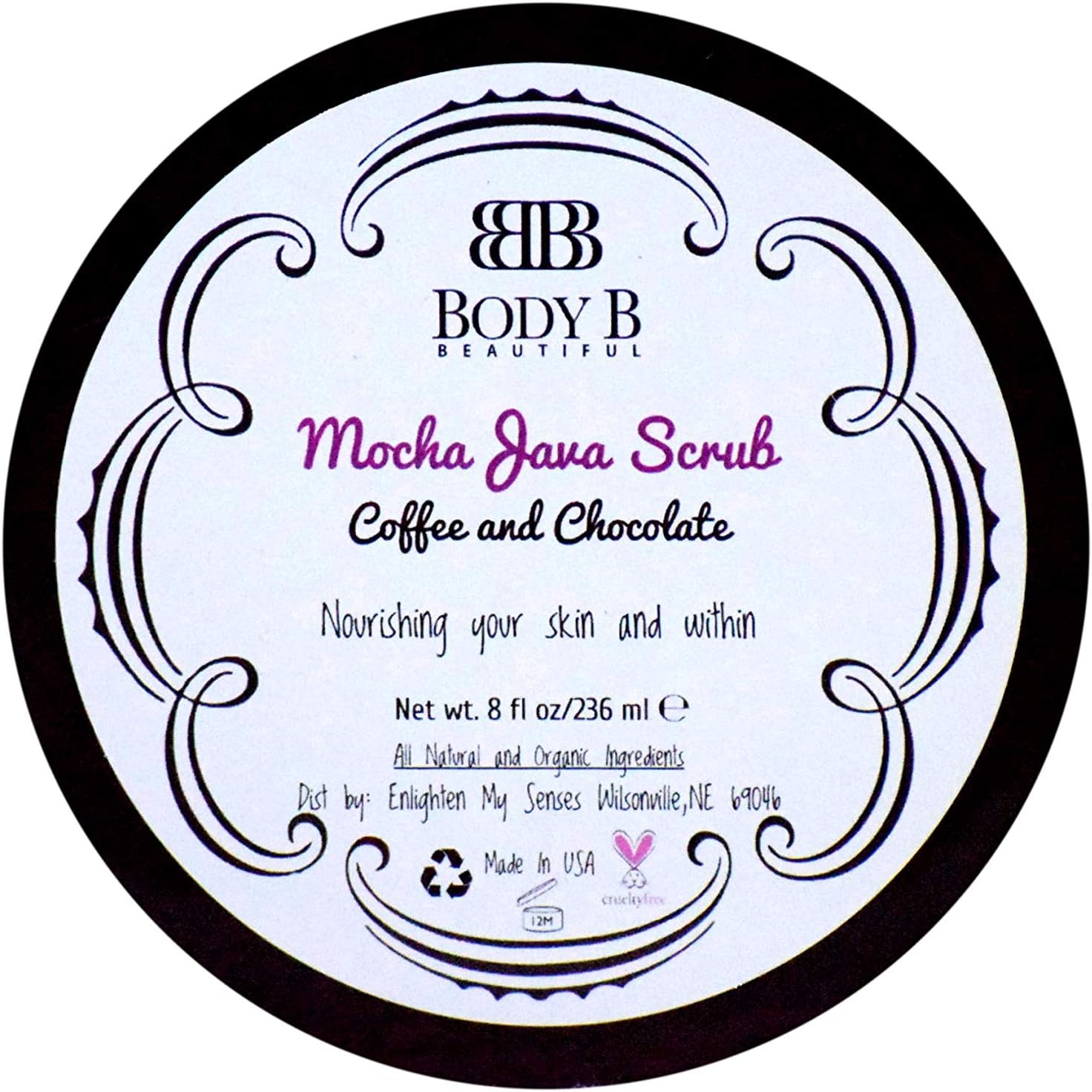 Body B Beautiful/Luxurious Mocha Java Arabica Coffee Scrub/Lasting Body Hydration/Humectant/Exfoliator/Invigorating with All Natural and Organic Ingredients/Cruelty Free/Made In USA / 8oz