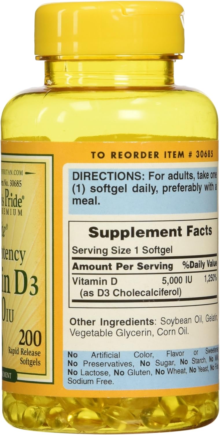 Vitamin D3 5,000 IU Bolsters Immunity by Puritan's Pride for Immune System Support and Healthy Bones and Teeth 200 Softgels, packaging may vary: Health & Personal Care