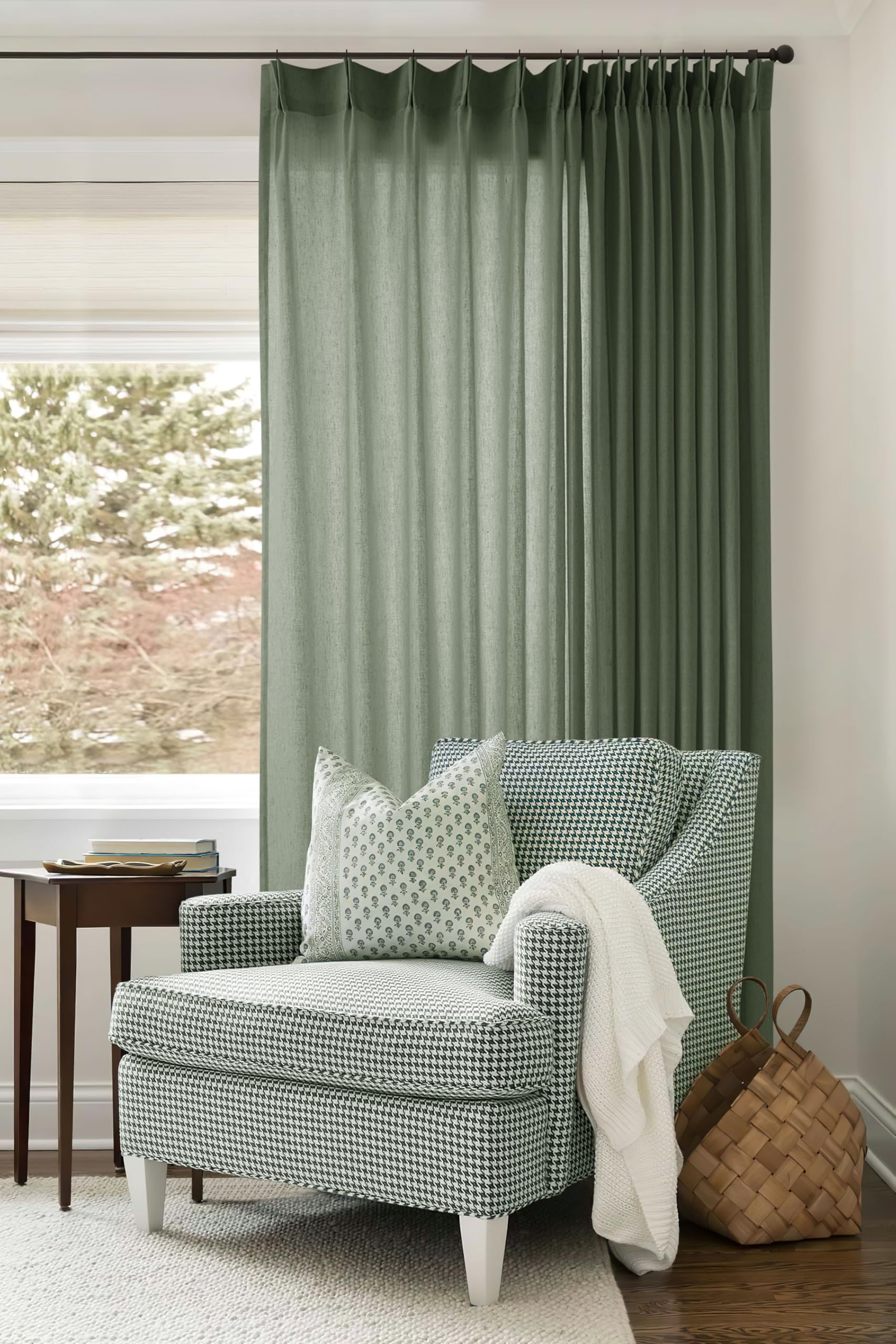 Photo 1 of Olive Green Linen 100 Inch Wide Curtains 90 Inches Long for Living Room Divider Light Filtering Semi Sheer Farmhouse Pleated Curtain with Hooks Rings for Patio Sliding Door Dining Room Large Window