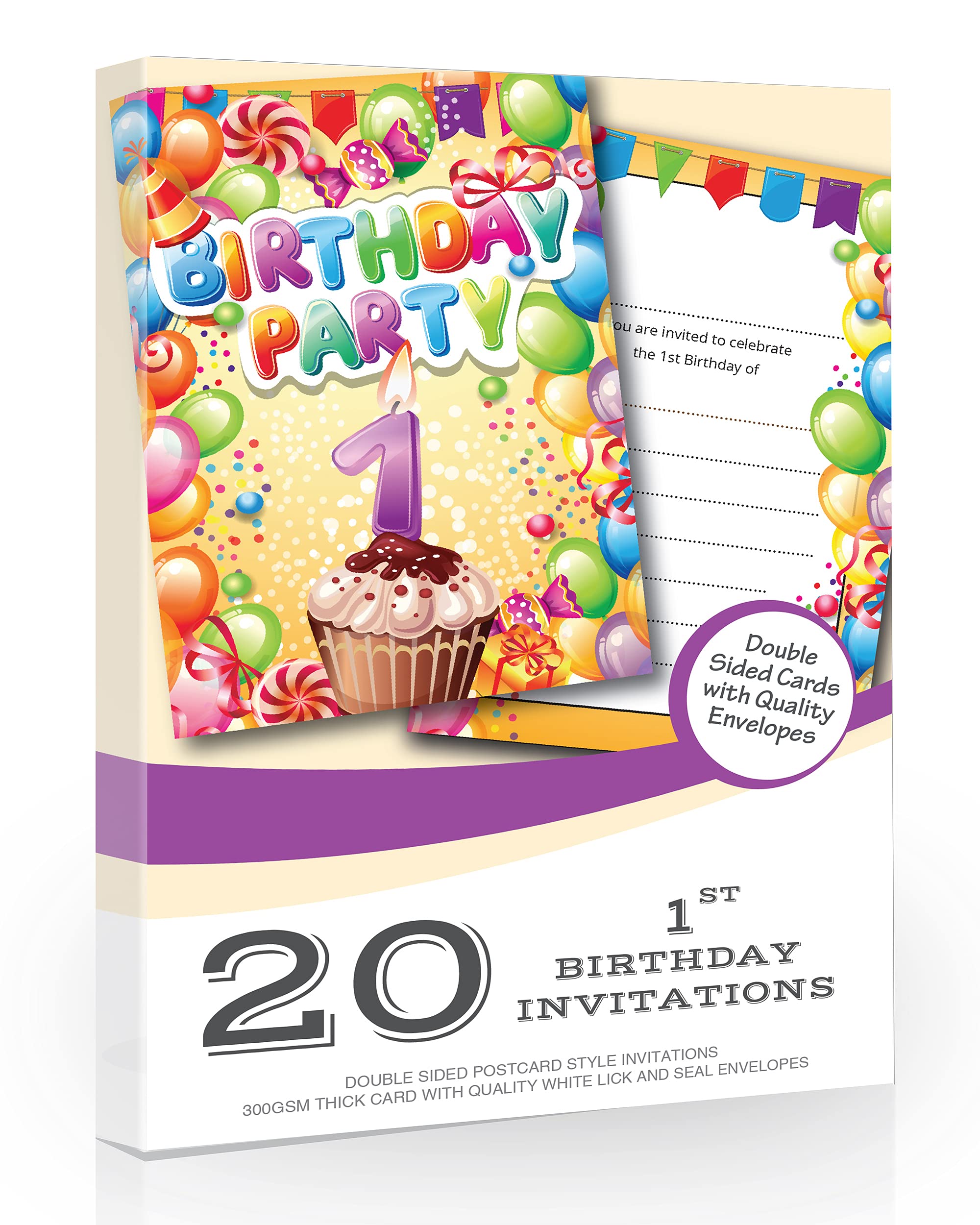Olivia Samuel 20 x 1st Birthday Party Invites from Boy or Girl Bright Fun Design - Ready to Write with Envelopes
