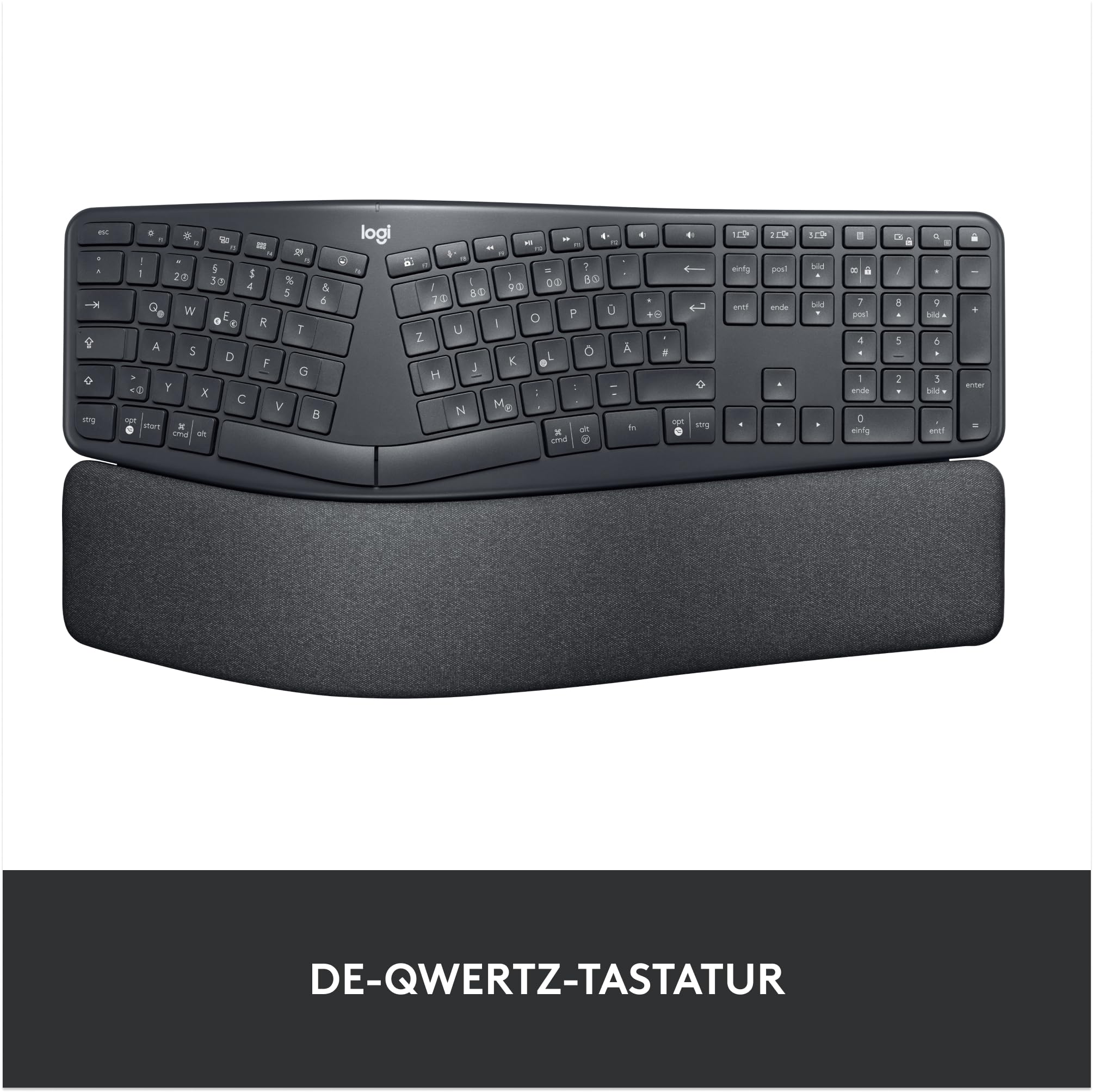 Logitech ERGO K860 - Wireless ergonomic keyboard with split buttons, wristwear and support for natural tap - Windows / Mac, Bluetooth, USB receiver, QWERTZ layout graphite