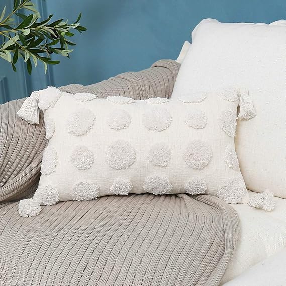 PLWORLD White Boho Lumbar Throw Pillow Cover 12x20 Inch