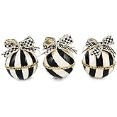 MACKENZIE-CHILDS Set of 3 Capiz Ball Ornaments, Christmas Tree Decorations Set, Black-and-White Courtly Noel Stripe
