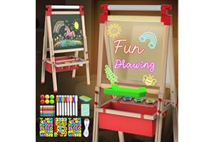 JOYOOSS LED Easel for Kids Ages 4-8 Easels for Toddlers Art Kids Easel Ages 8-12 Light Up Wooden Drawing Easels Magnetic Black Board with Paper Roll for Kid LED Dry Erase Board