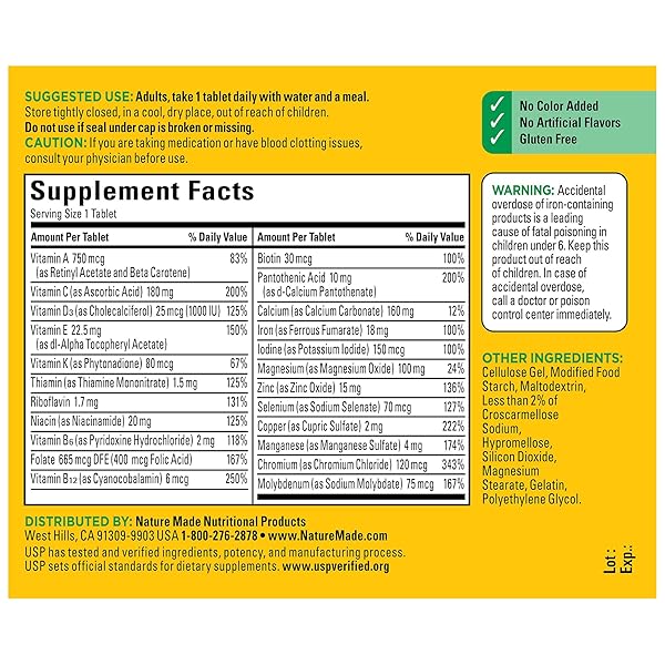 NATURE MADE MULTIVITAMIN TABLETS WITH VITAMIN D3 AND IRON, 130 COUNT FOR DAILY NUTRITIONAL SUPPORT