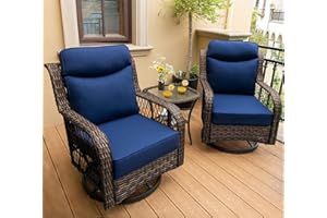 PIZZELLO Outdoor Swivel Rocker Chairs 3 Pieces Wicker Swivel Patio Chair with Rattan Side Table, 5" Extra Thick Cushions and 25" Full Support Back, Patio Furniture Set for Outside Porch Deck