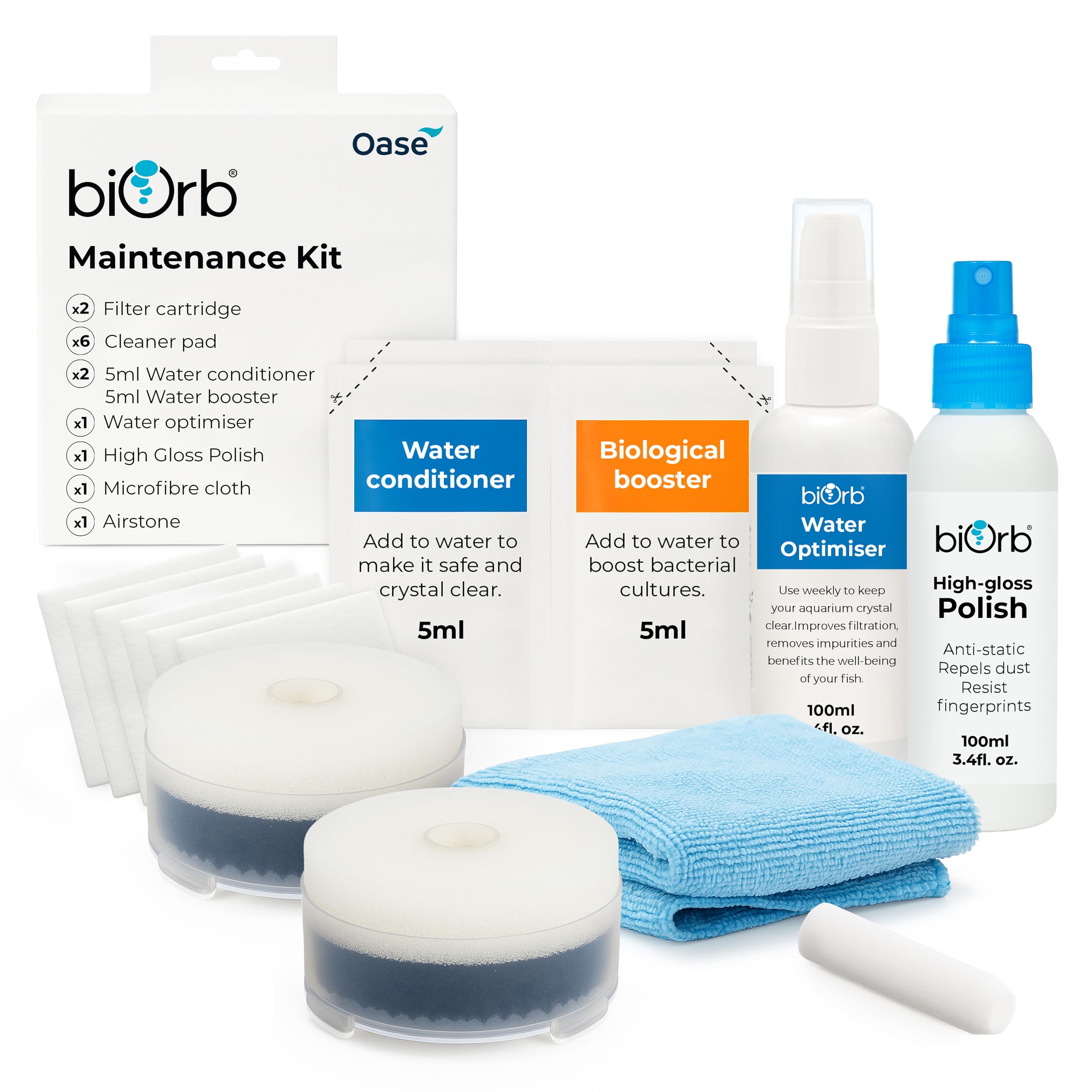 biOrb Aquarium Maintenance Kit, Includes 2 x Service Kits, 4 x Cleaning Pads, Water Optimiser, Air Stone, Polish & Cloth, Essential Fish Tank Accessories, All-In-One Fish Tank Maintenance Kit