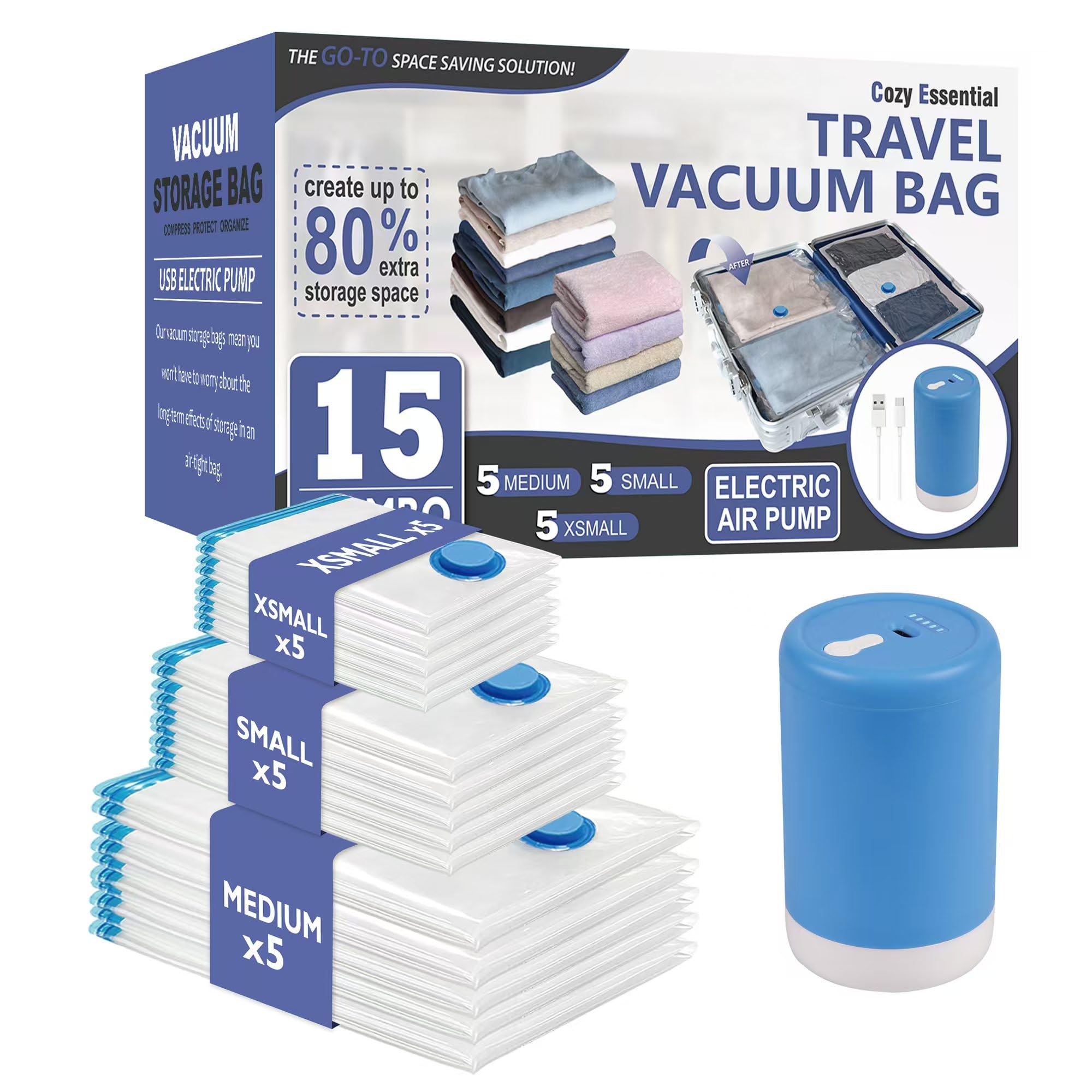 Photo 1 of 15 Pack Travel Vacuum Storage Bags with Rechargeable Wireless Electric Pump for Luggage, Suitcase, Carry-on Size Vacuum Seal Compression Space Saver Bags for Clothes and Clothing Travel
