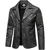 HOOD CREW Mens Casual Leather Blazer Vintage Lightweight Coat Button Closure Style Faux Leather Jackets for Men