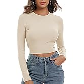 Artfish Women's Round Neck Long Sleeve Knit Ribbed Fitted Crop Top Casual Basic Shirts