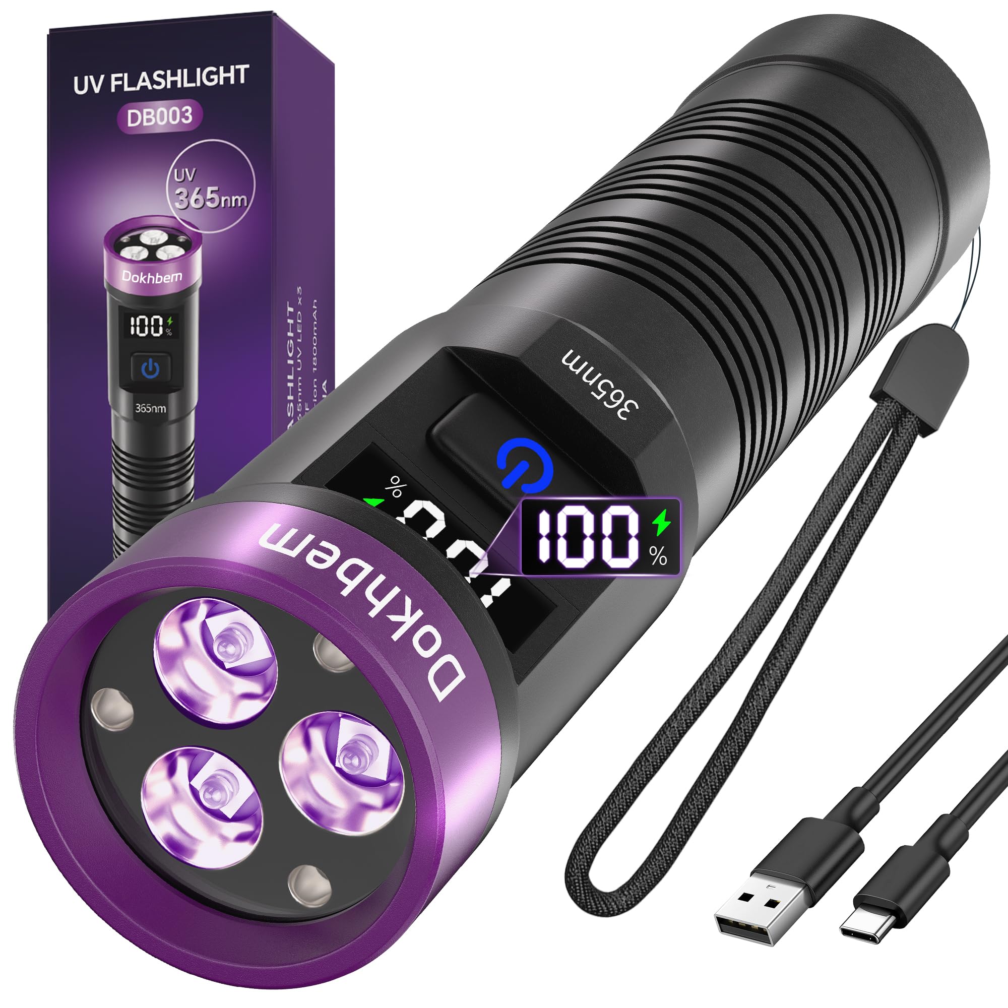 Mua Dokhbem UV Flashlight 365nm Black Light, 3 LEDs Powerful UV Light Rechargeable with LCD Digital Display, Water Resistant Black Light Flashlight, Detector for Pet Urine, Uranium Glass, Curing Resin trên Amazon