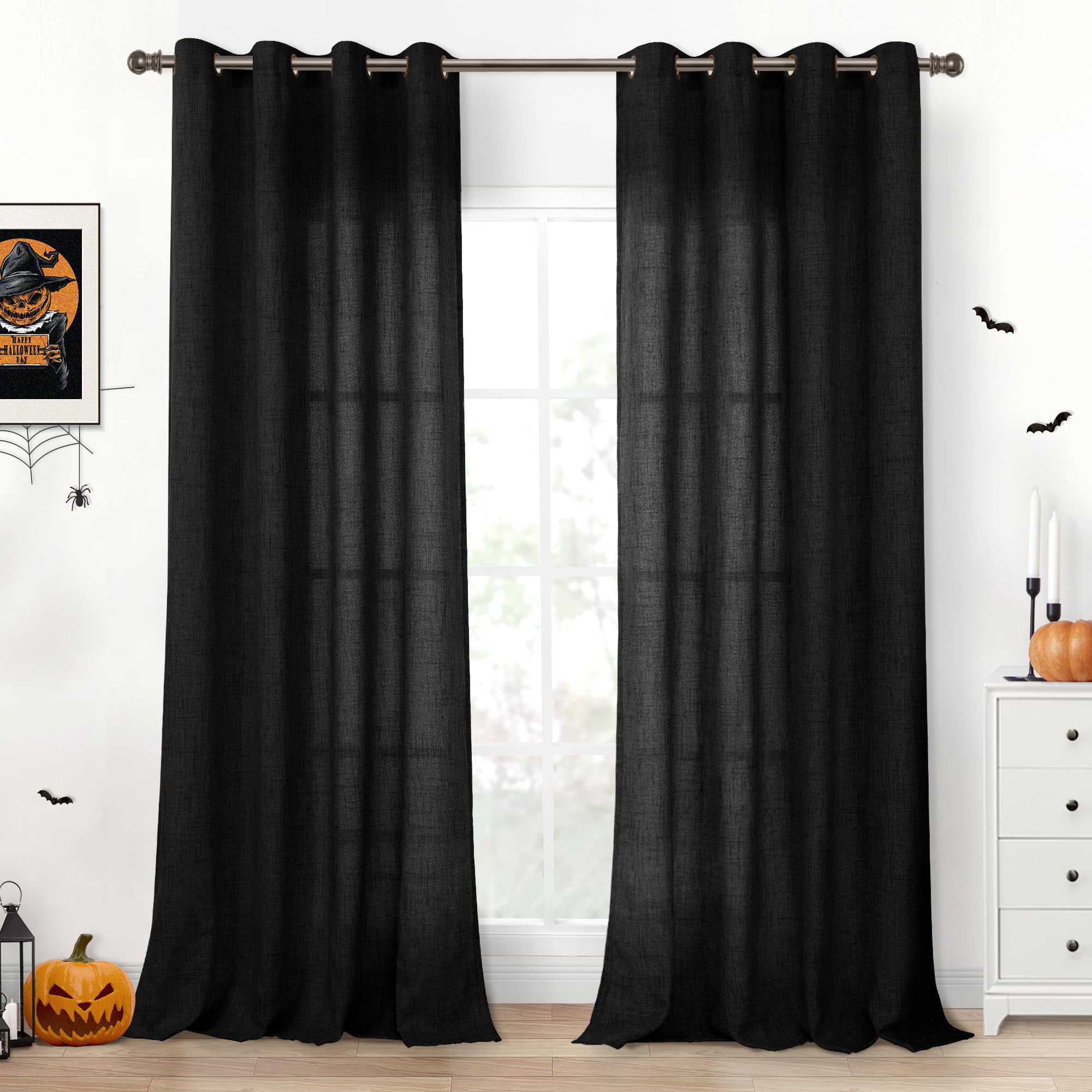 YoungsTex Black Linen Curtains 90 Inch Length for Living Room, Light Filtering Semi Sheer Window Drapes with Bronze Grommet Privacy Decorative for Bedroom, 52 x 90 Inch, 2 Panels Image