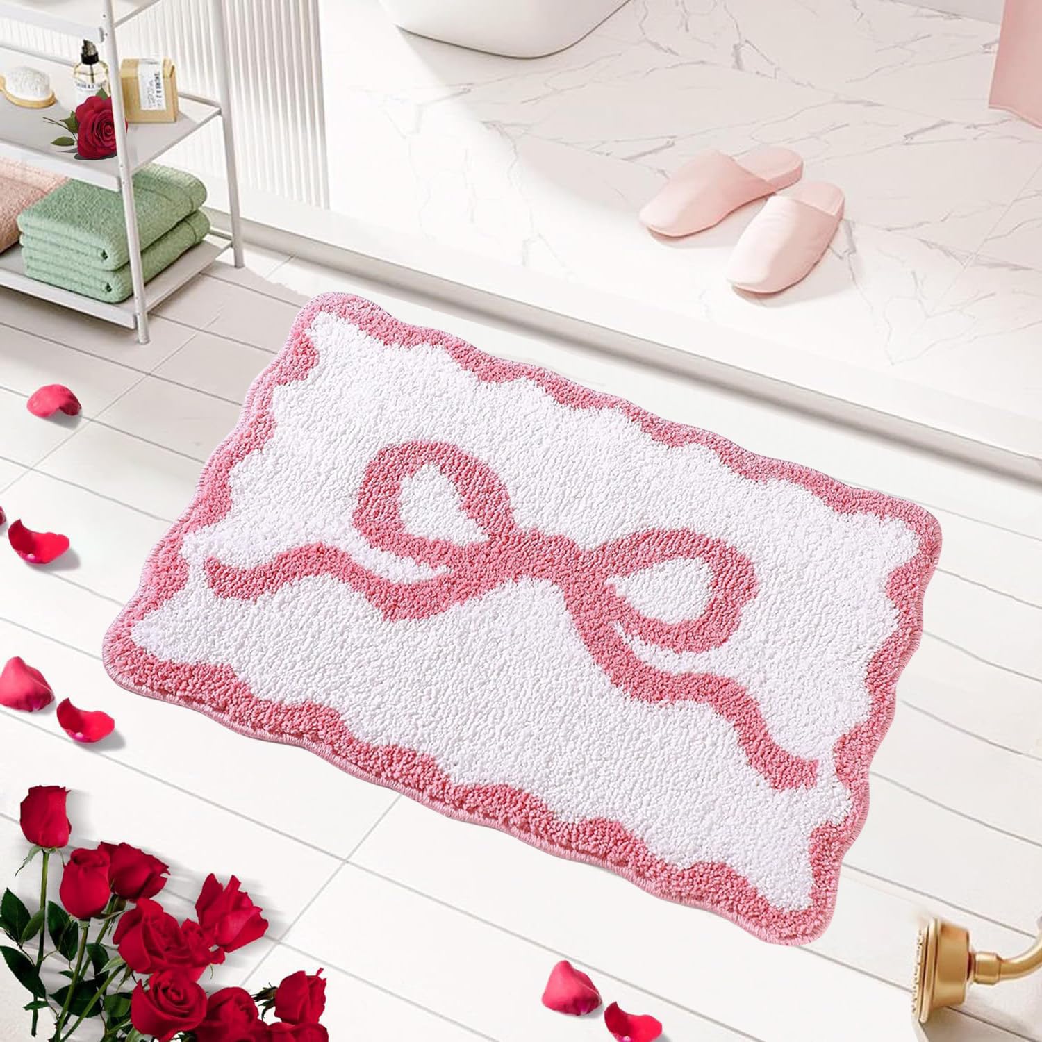 Photo 1 of Pink Scalloped Bow Bath Mat, Preppy Room Decor Cute Absorbent Shower Rug Non-Slip Microfiber Bath Rug, Funny Bathroom Decor for Bathtub, bow bathroom decor, Machine Washable (Pink, 16" X 24")