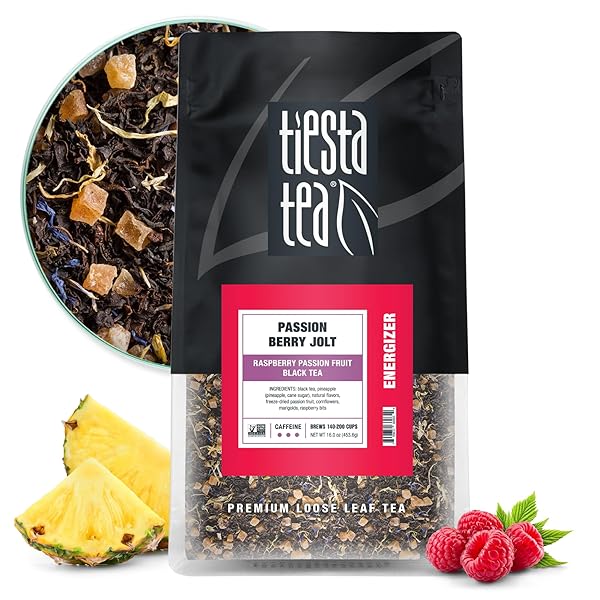 TIESTA TEA – PASSION BERRY JOLT, LOOSE LEAF, RASPBERRY PASSION FRUIT BLACK TEA, PREMIUM BLEND, CAFFEINATED BLACK, MAKE HOT OR ICED BREWS UP TO 200 CUPS, 16OZ RESEALABLE BULK POUCH