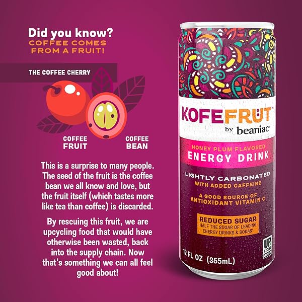 KOFEFRUT BY BEANIAC CAFFEINATED ENERGY DRINK, HONEY PLUM, LIGHTLY CARBONATED, REDUCED SUGAR, 80MG CAFFEINE, POLYPHENOLS, ANTIOXIDANTS, VITAMIN C, 12 FL OZ CAN (PACK OF 4)
