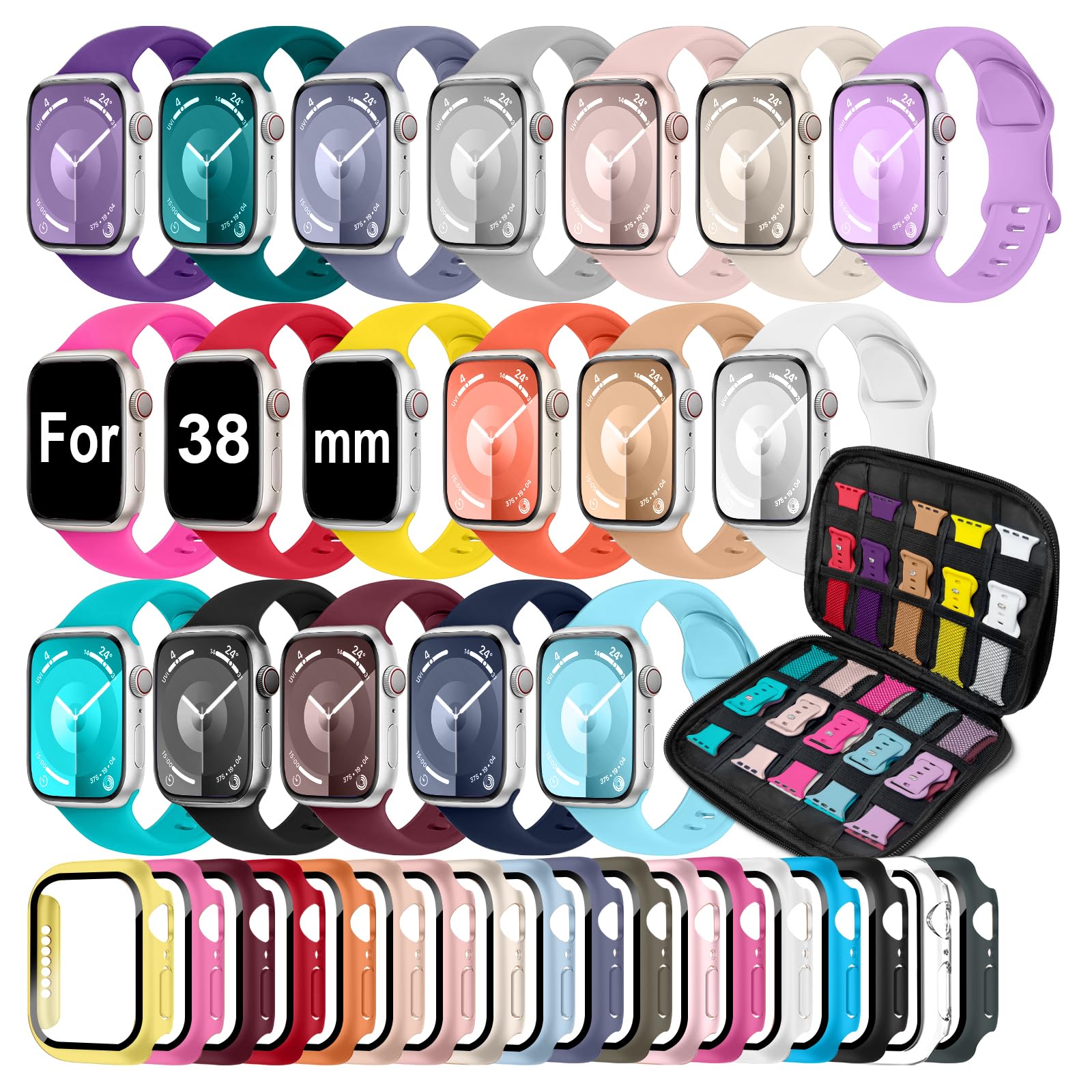18 Pack Sport Band Compatible with Apple Watch Bands 38mm 40mm 41mm 42mm 44mm 45mm 46mm for Women Men, iWatch Screen Protector Case&Organizer - (Compatibl for Apple Watch 38mm Series 3/2/1)