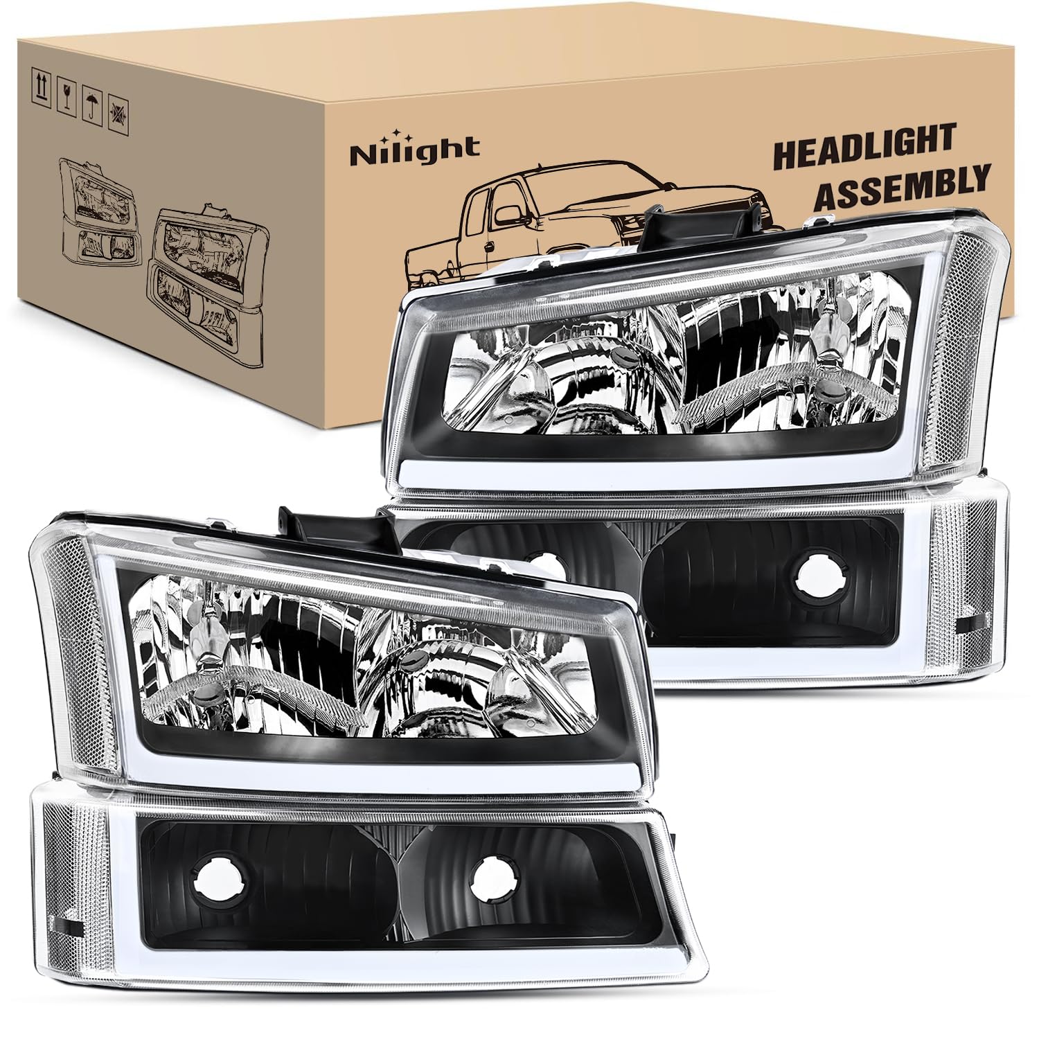 Nilight Headlights Assembly LED DRL for 2003 2004 2005 2006 Chevy Silverado Avalanche 1500 2500 3500/2007 Chevrolet Silverado Classic Headlamp, Black Housing, 2 Years Warranty Image