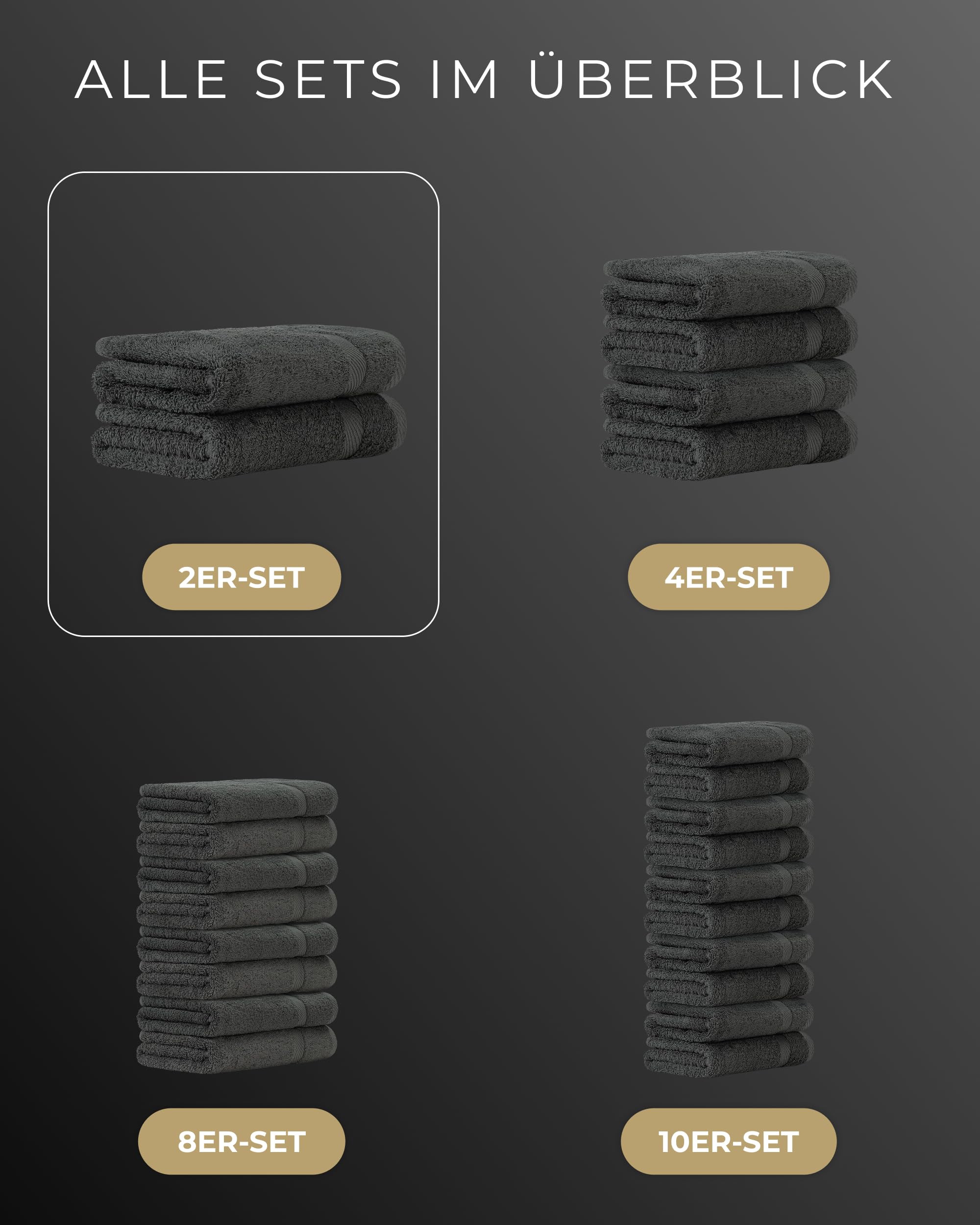 Luckytowel Duschtuch Set 70x140 cm – Oeko-TEX Badetücher aus 100% Baumwolle mit 600 g/m² – Badehandtuch groß mit Aufhängeschlaufe – flauschig & saugstark – Frottee Handtücher Set – 2er Pack Anthrazit 6