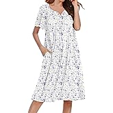 Ekouaer Nightgowns for Women Short Sleeve House Dress with Pockets Soft Moomoo Pleated Mumu Dresses V Neck Sleepwear