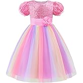 Uhnice Flower Girl Sequin Dress Puff Sleeve Rainbow Dress for Wedding Party