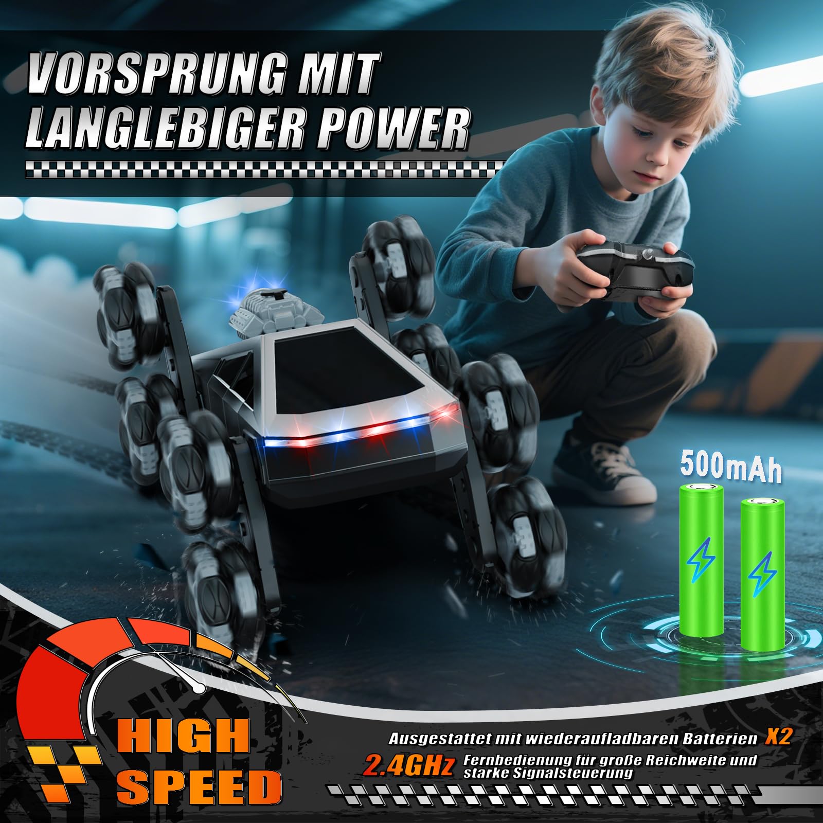 Ferngesteuertes Auto 8 Rad RC Stunt Car, 8WD RC Car, mit Handsteuerung & Fernbedienung, LED Licht Musik Sprühnebel, RC Car für Kinder 5 6 7 8 9 10 11 Jahre, geburtstagsgeschenk für Jungen und Mädchen 5