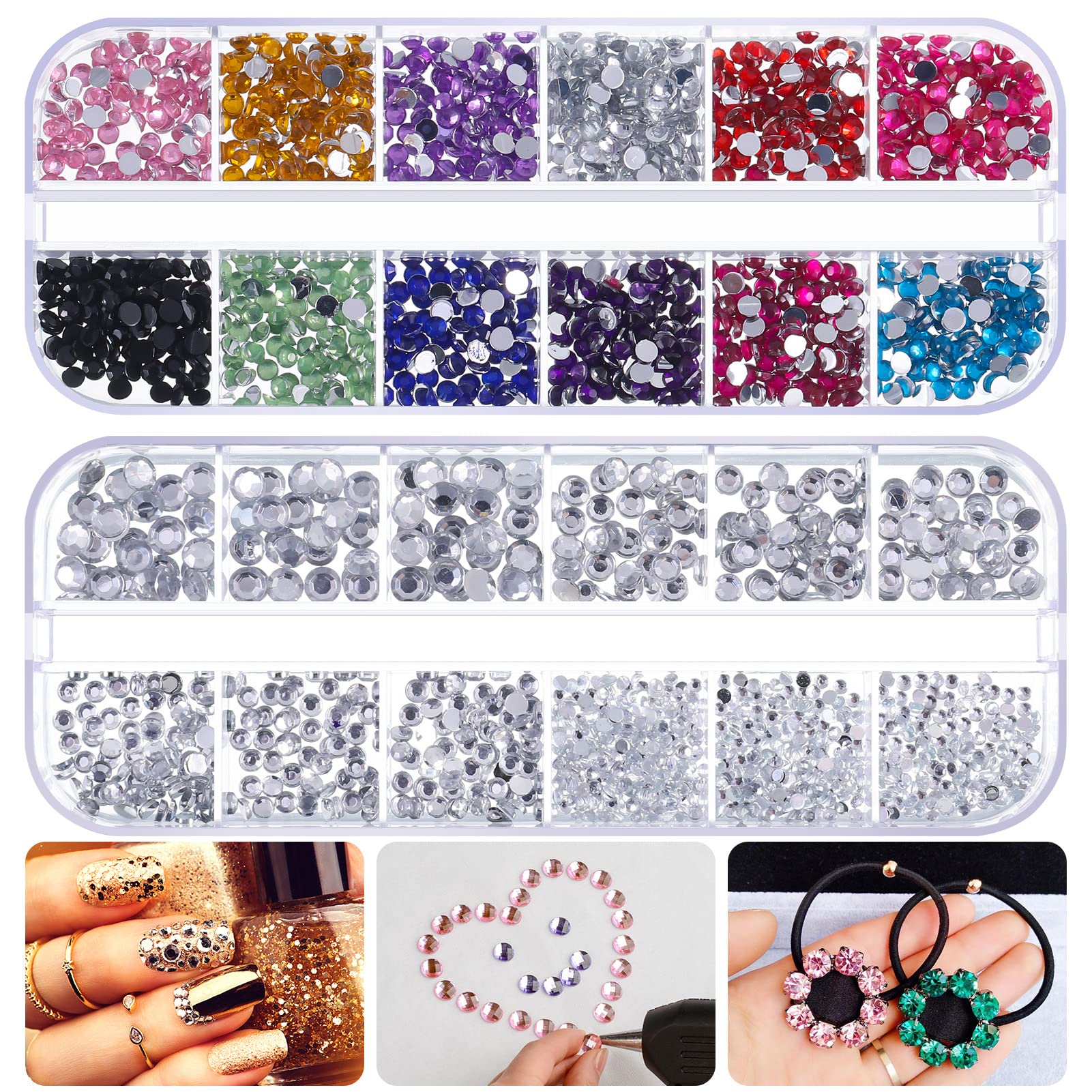 Winkwinky 2 Boxs Crystal Rhinestone, Rhinestones for Craft Diamante Gem Crafts 4-color Silver+ 12-color Round Diamond for Crafts Nail Art Clothes Shoes Bags