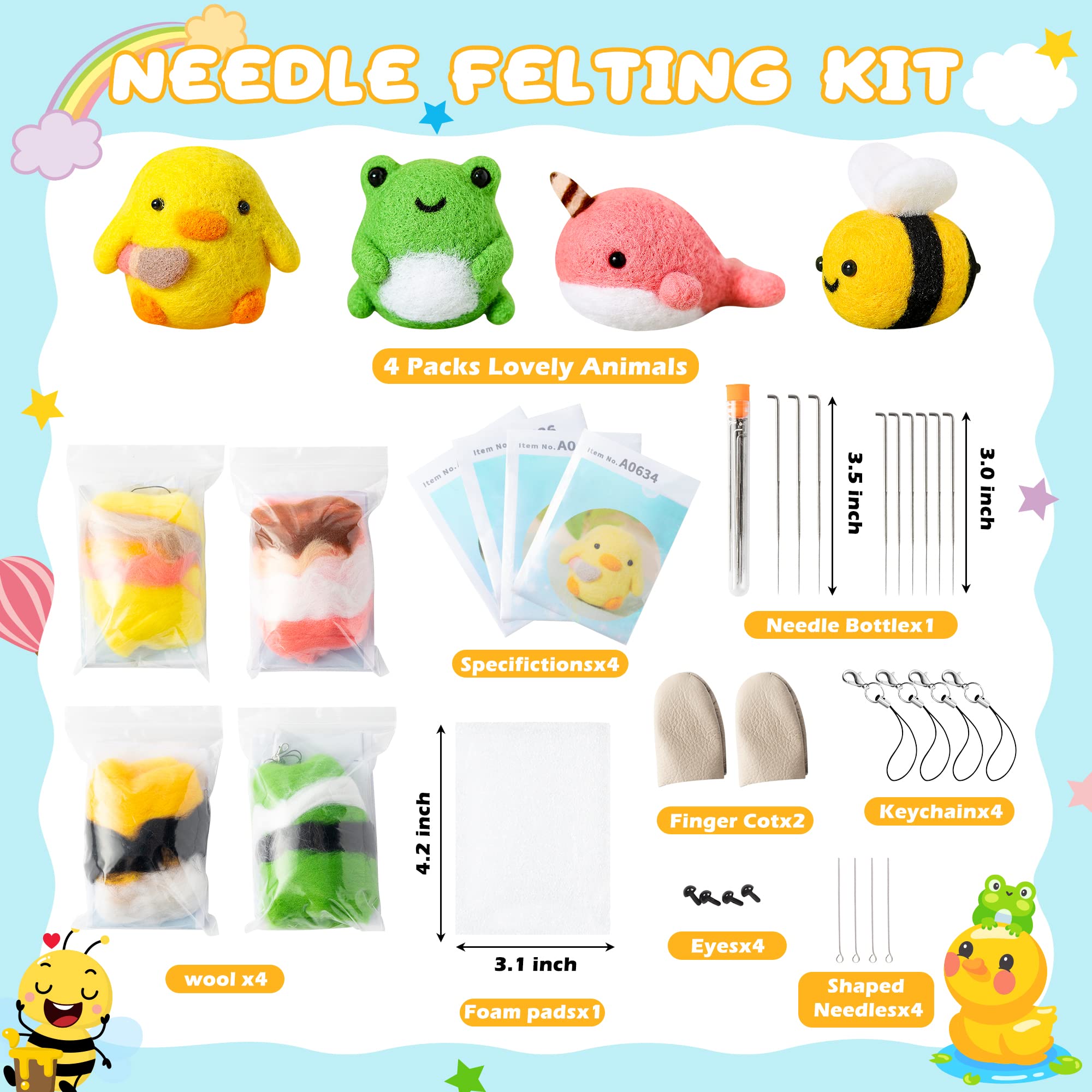 WATINC Set of 4 Cute Animal Needle Felting Starter Kit Frog Chick Bee Narwhal Animal Doll Wool Felting Tools Felt Needles Foam Mat DIY Needlework Craft Party Supplies for Beginners Adults Kids