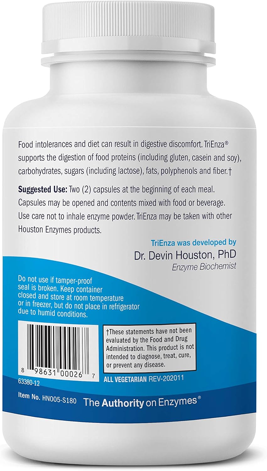 Houston Enzymes TriEnza – 180 Capsules (90 Doses) | Broad-Spectrum Enzymes for Digestive Intolerances | Supports Digestion of Gluten, Casein, Soy, Proteins, Carbohydrates, Sugars, Fats & Polyphenols: Health & Personal Care