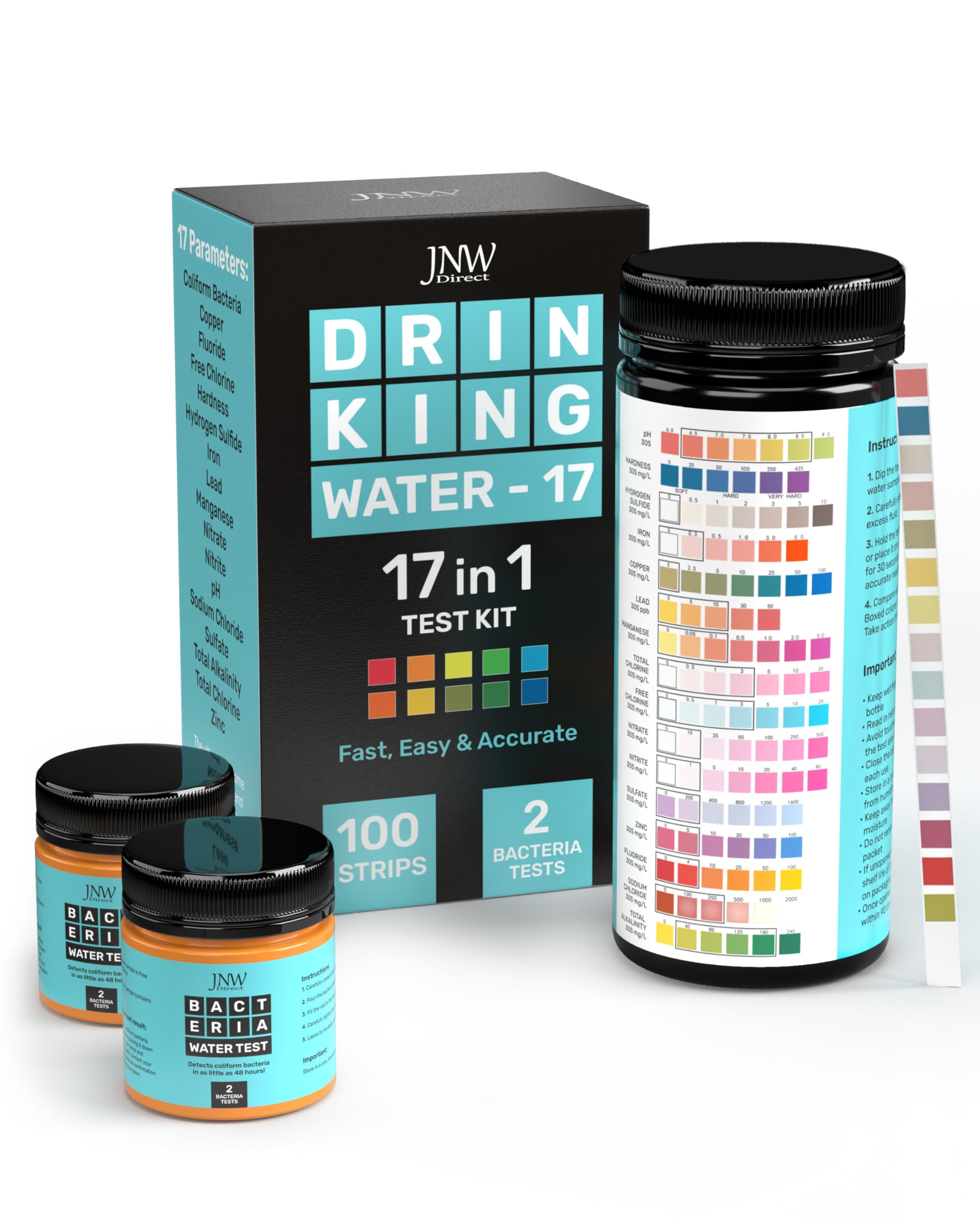 Photo 1 of JNW Direct 17-in-1 Drinking Water Test Kit - 100 Strips + 2 Bacteria Tester Kits - Well, Tap, Home, City Water Testing Strip for Lead, Alkaline, Chlorine, Hardness, Iron, Fluoride, Copper & More