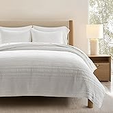 EVERGRACEHOME 100% Cotton Modern Lines Quilt Set King Size, Pre-Washed Soft Striped Coverlet Bedspread, 3 Piece Lightweight Bedding Set for All Season, with 2 Pillow Shams, Bright White