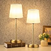 Cordless Table Lamps Set of 2 &ndash; Battery Operated Lamp with 7500mAh Rechargeable Battery, Stepless Dimmable Vintage Brushed Gold Desk Wireless Lamps for Dining Room, Nightstand &amp; Patio (Bulbs Included)