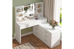 FIONESO Vanity Makeup Desk with LED Light Mirror & Power Outlet, 8 Drawers, 6 Storage Shelves, 3 Color Modes & Adjustable Brightness Dressing Table, Corner Vanity, L Shape Change, 39.4”Desk, White