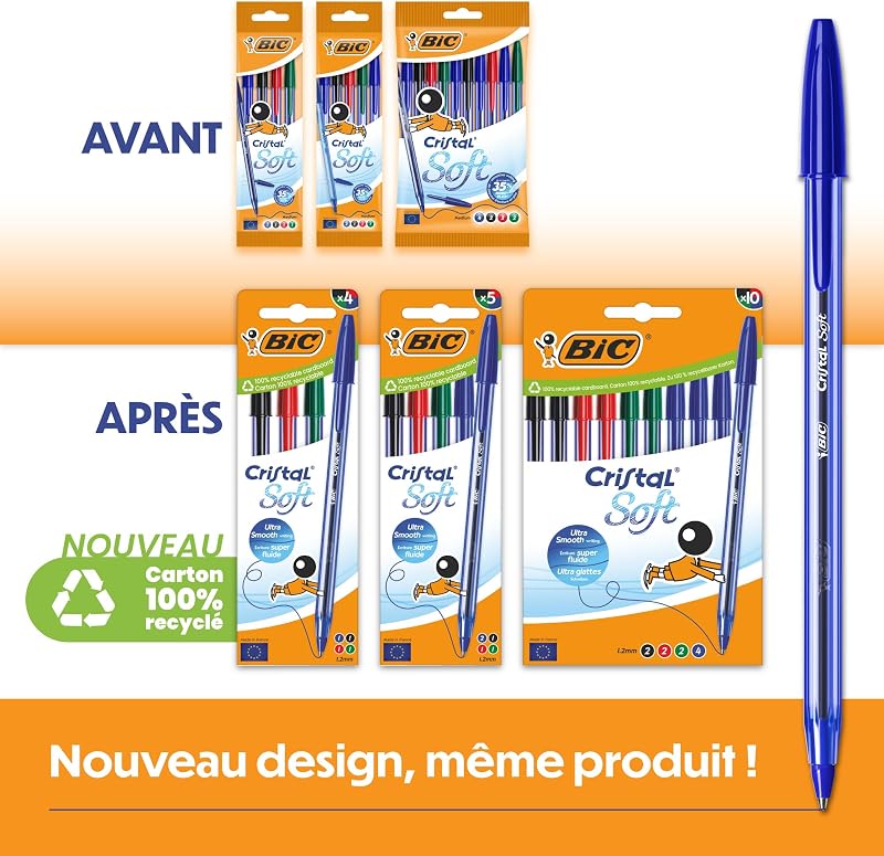 Cristal Soft Stylos-Bille Pointe Moyenne (1,2 mm) - Écriture Douce et Fluide - Bleu, Boîte carton de 10