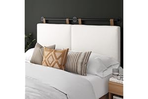 Nathan James Charlie Wall Mount Hanging Upholstered Headboard, Queen, White Boucle with Brown Faux Leather Straps