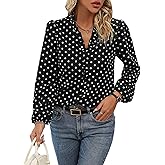 SweatyRocks Women's Polka Dots Long Lantern Sleeve Blouses V Neck Ruffle Trim Front Shirt Tops