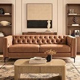 HULALA HOME 84" Faux Leather Sofa, Mid Century Modern 3 Seater Couch, Camel | Button-Tufted Sofa with Metal Legs, Square Armrests, Supportive Cushions, Easy Assembly, for Living Room Bedroom Apartment