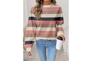 Women's Casual Round Neck Striped Pattern Sweatshirt Long Sleeve Top Pullover Loose Fit ND30