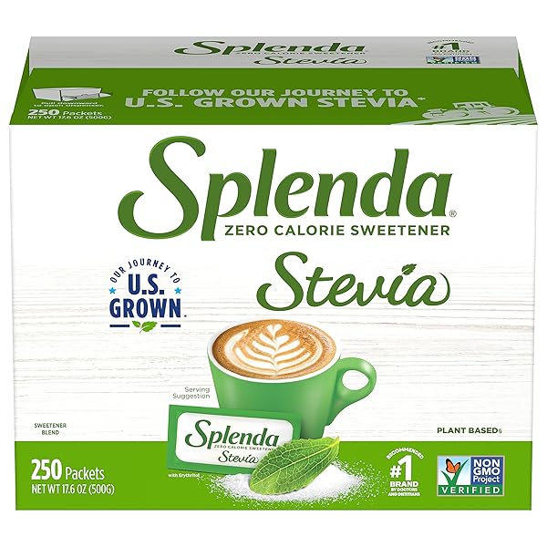 SPLENDA STEVIA ZERO CALORIE SWEETENER, PLANT BASED SUGAR SUBSTITUTE GRANULATED POWDER, SINGLE SERVE PACKETS WITH TRAY, 250 COUNT (PACK OF 1)
