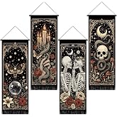 Tiamon 4 Pcs Witchy Gothic Wall Tapestry Bedroom Decor | Cotton Linen 51x13 In, Whimsical Hanging for Goth Room Decor, Skull Moon Patterns, Vintage Aesthetic Halloween Bedroom