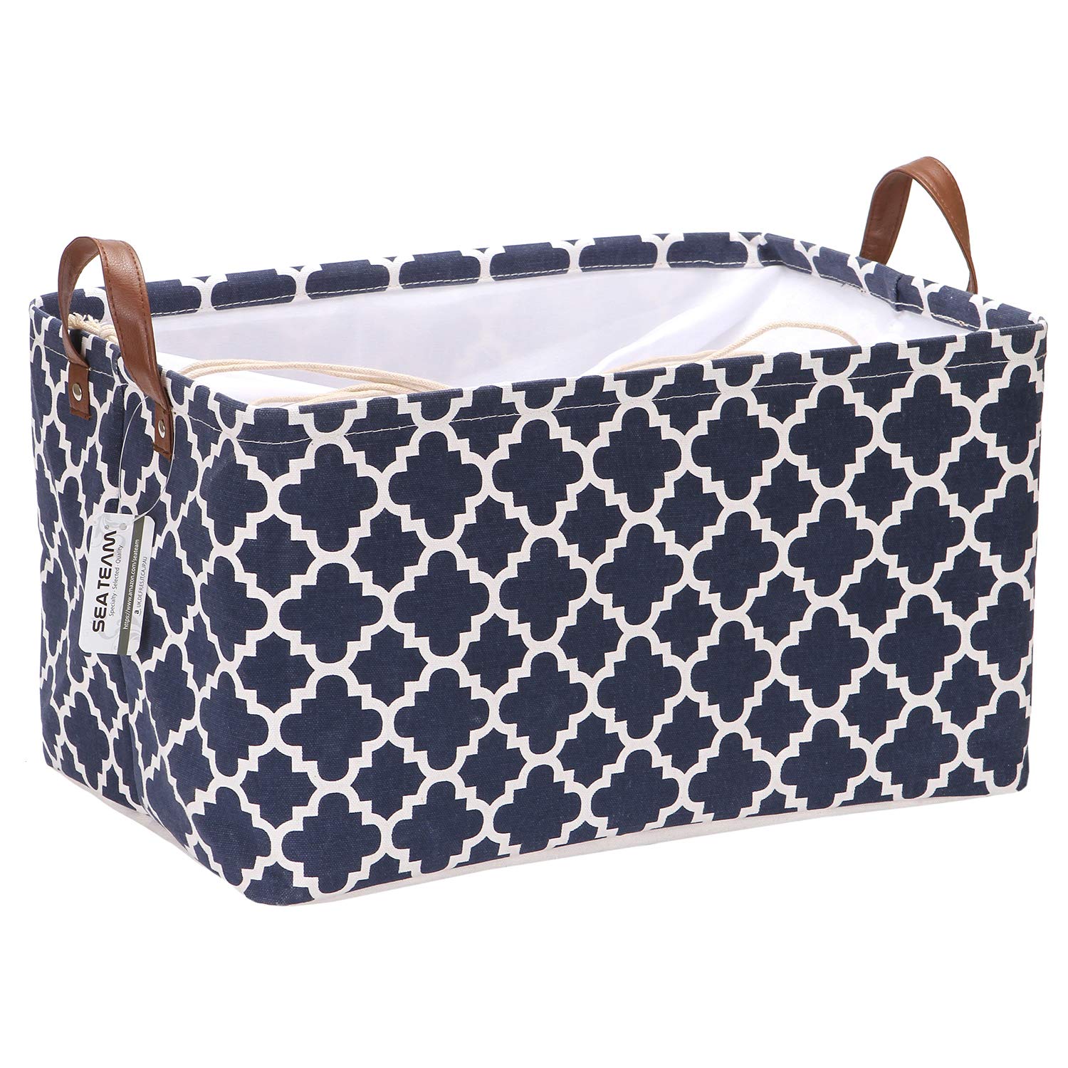 Sea Team Moroccan Pattern Canvas Fabric Storage Basket Collapsible Geometric Design Storage Bin with Drawstring Cover and PU Leather Handles, 16.5 by 11.8 inches, Waterproof Inner